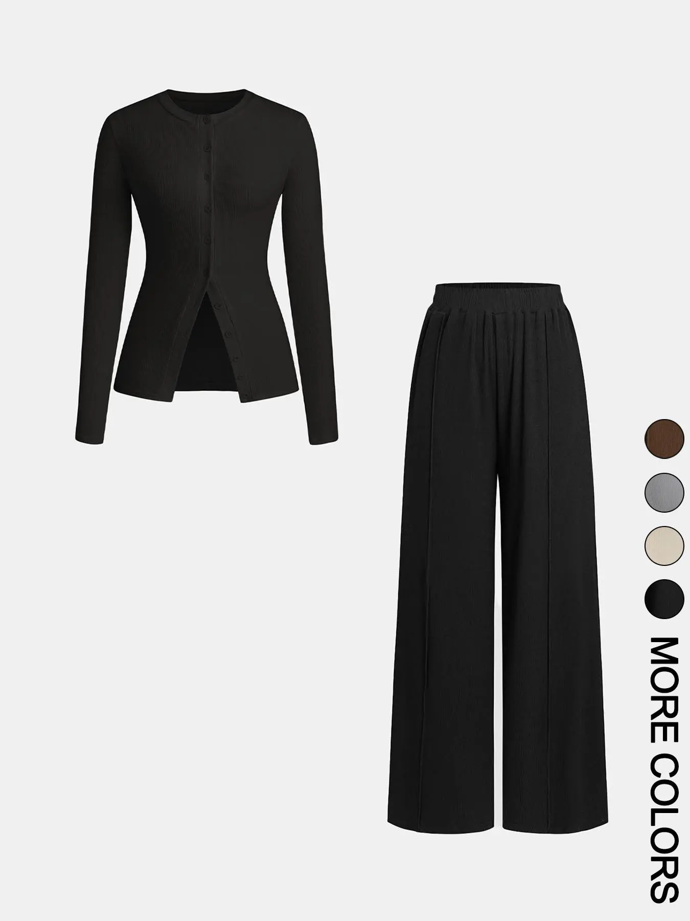Women's Solid Color Knitted Fitted Button Front Long Sleeve Top & Wide Leg Pants, Casual Basic Essential Two-piece Set Outfit for Daily Wear, Ladies Clothes for All Seasons, Cozy Set, Casual Style Set, Top Sets, Womenswear