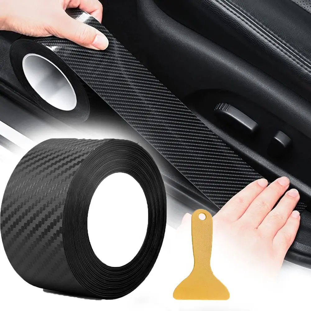 Carbon Fibre Wrap, 5 cm x 10 m Black Vinyl Wrap Tape, Self Adhesive Anti Scratch Car Door Sill Protector, Bubble-free Carbon Fibre Sticker Roll for Car, Bike Protection Tape