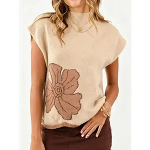 New Arrival Women's One-Piece Fashion Sweater, Spring Summer High Neck Floral Print Sleeveless Casual Elegant Pullover, Stretch Comfortable Contrast Color Knit Top