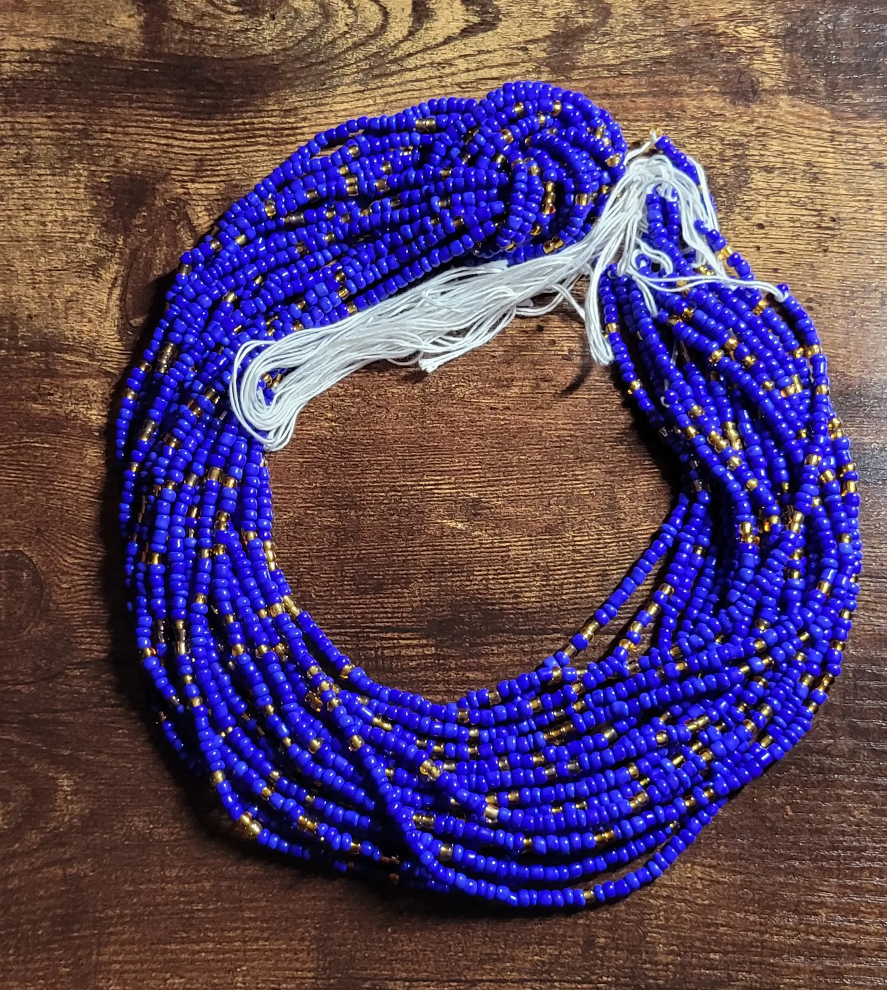 Tie On Body Jewelry - Blue & Gold Waistbeads for Women, 48'' Length