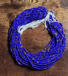 Tie On Body Jewelry - Blue & Gold Waistbeads for Women, 48'' Length