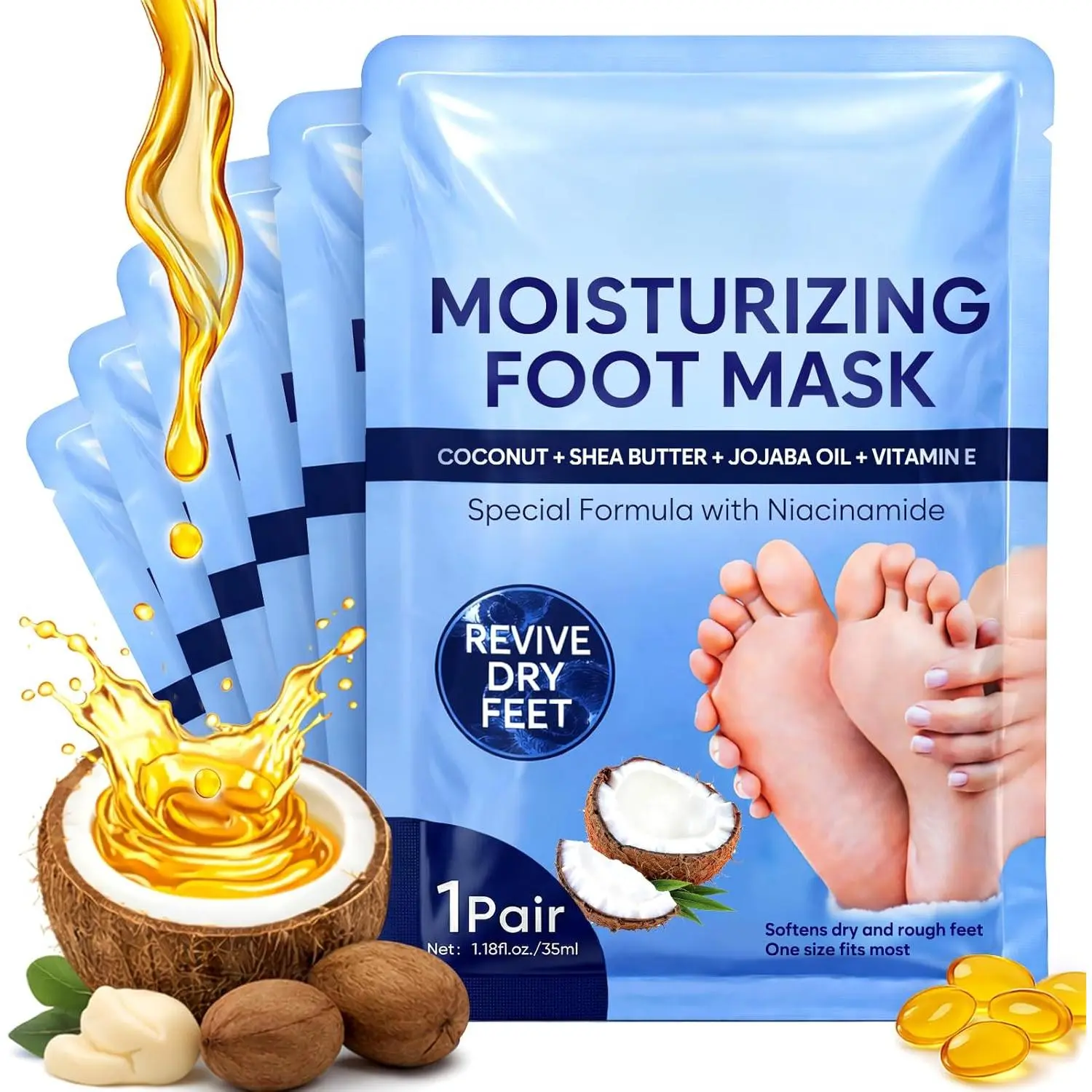 6 Pack Moisturizing Foot Mask for Dry Cracked Feet, Restoring & Hydrating Socks with Coconut, Shea Butter, Jojoba Oil & Vitamin E, Feet Mask for Women & Men Foot Care