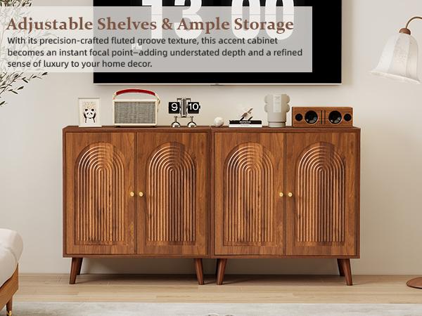 Giratree 31.5" Accent Storage Cabinet, Arched Fluted 2-Door Sideboard | Seamless arched fluted doors, adjustable shelf, soft-close hinges, tapered solid wood legs for versatile room storage