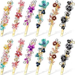 12 Pieces Vintage Flower Hair Pins Women Barrette Bobby Pins Decorative Metal Gold Tone Hairpins Colorful Floral Design Hair Clips French Rhinestone Decorative Accessories for Women Girls
