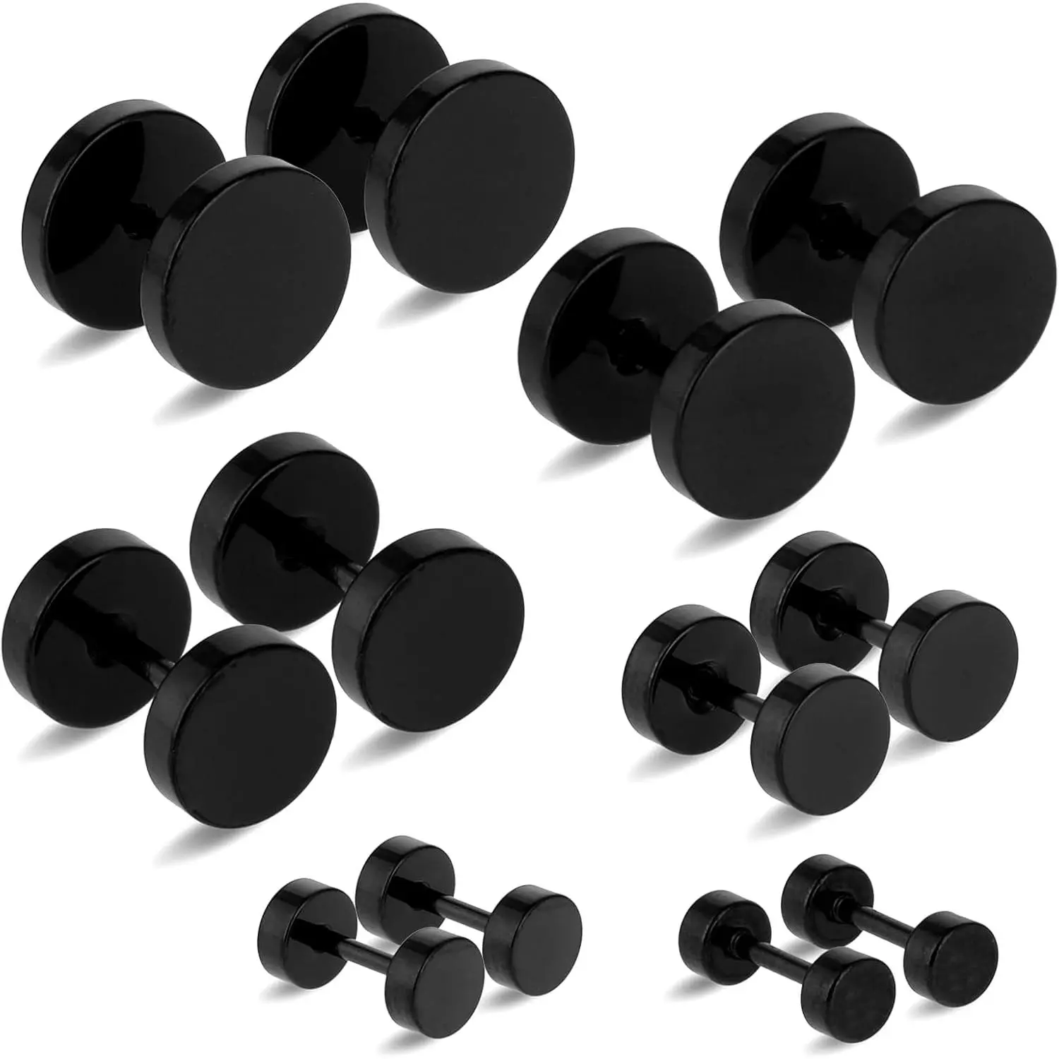 Unisex 6-Pair Plain Black Stainless Steel Stud Earrings Set - Screw-On Comfortable Flat Back Fake Gauge Earplugs, 4-10mm Multi-Sized, Pain-Free Easy Insertion, Birthday Gift, Daily Wear