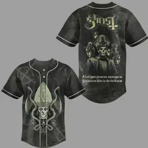 Ghost Band Baseball Jersey | Gothic Rock Concert Shirt | Blue & Black Ouija Board & Priest Graphic | Dark Occult Aesthetic with Skull Mask & Ritual Scene | Heavy Metal Streetwear for Music Fans