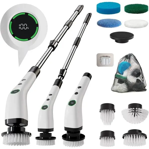 Electric Bathroom Cleaning Brush Cordless Shower Scrubber SD-CTB01 | Spin Scrubber Full Body Waterproof IPX7 with Adjustable Handle, 8 Replaceable Brush Heads for Bathtub/Kitchen/Window/Home