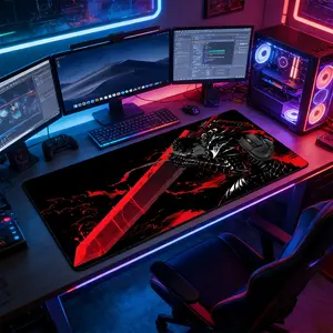 Dark Red Flame Swordsman Anime Extended Gaming Mouse Pad, Extended Mousepad, Non-Slip Rubber Base Stitched Lock Edge Desk Mat, Gothic Fantasy Design Desk Pad, Durable Computer Accessory for Home Office & Gaming Setup, Ideal Gift for Gamer & Anime Fans