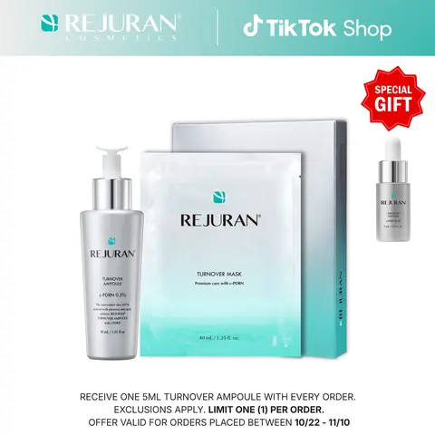 REJURAN Turnover Ampoule 1.01 fl oz & Turnover Mask 5-Pack - c-PDRN - Anti-Aging Face Serum Firmness, Radiance - Skin Repair, Firming Deeply Nourishing Ultra Microfiber Sheet Mask