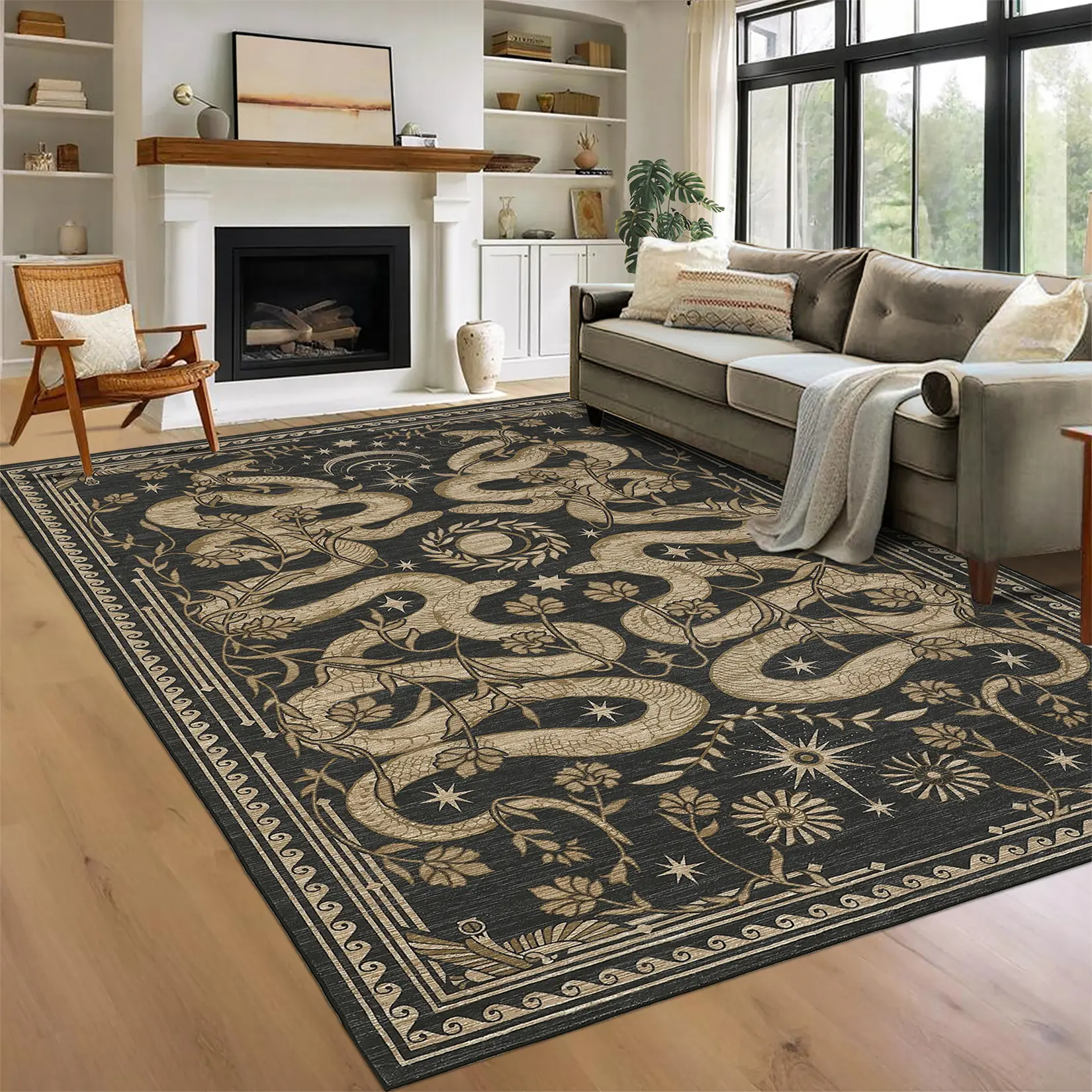 Washable Snake Print Living Room Rugs, Vintag Gothic Area Rug for Bedroom Low Pile Soft Non Slip Large Under Table Carpet for Dining Room Office Non Shedding Stain Resistant Floor Cover for Home Decor