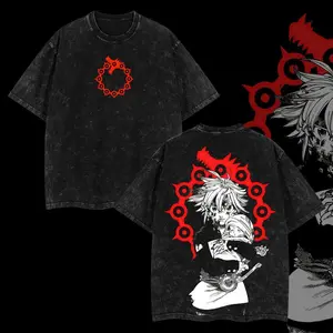 Meliodas Seven Deadly Sins Vintage Washed Oversized T Shirt Retro Anime Graphic Tee Unisex Casual Streetwear Loose Fit Soft Cotton Short Sleeve Top Trendy 90s Manga Fashion Sin of Wrath Design Daily Outdoor Casual Wear Gift for Adult Anime Enthusiasts