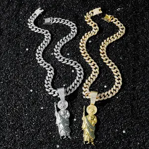 San Judas Tadeo Iced Out Necklace-Fully Sparkling Zircon Medallion, Men's Hip Hop Religious Pendant with Bling Cuban Link Chain, Patron Saint of Hope Protection Gift