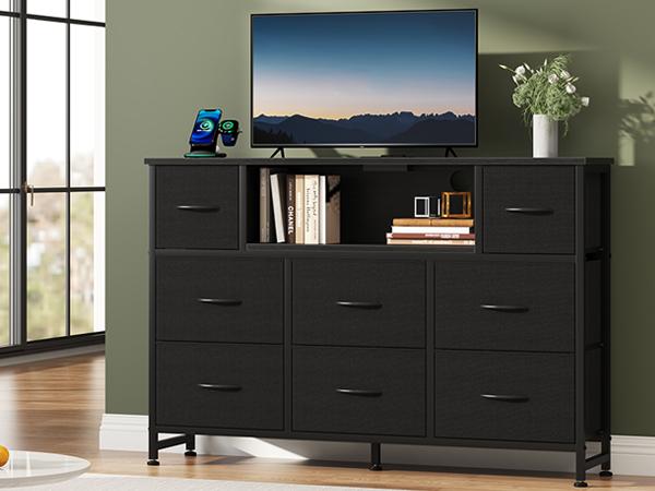 TV Stand Dresser with 8 Fabric Drawers, Media Console for 45-55 inch | LED Entertainment Center with Charging Station, Wood Top and Open Shelves, Bedroom
