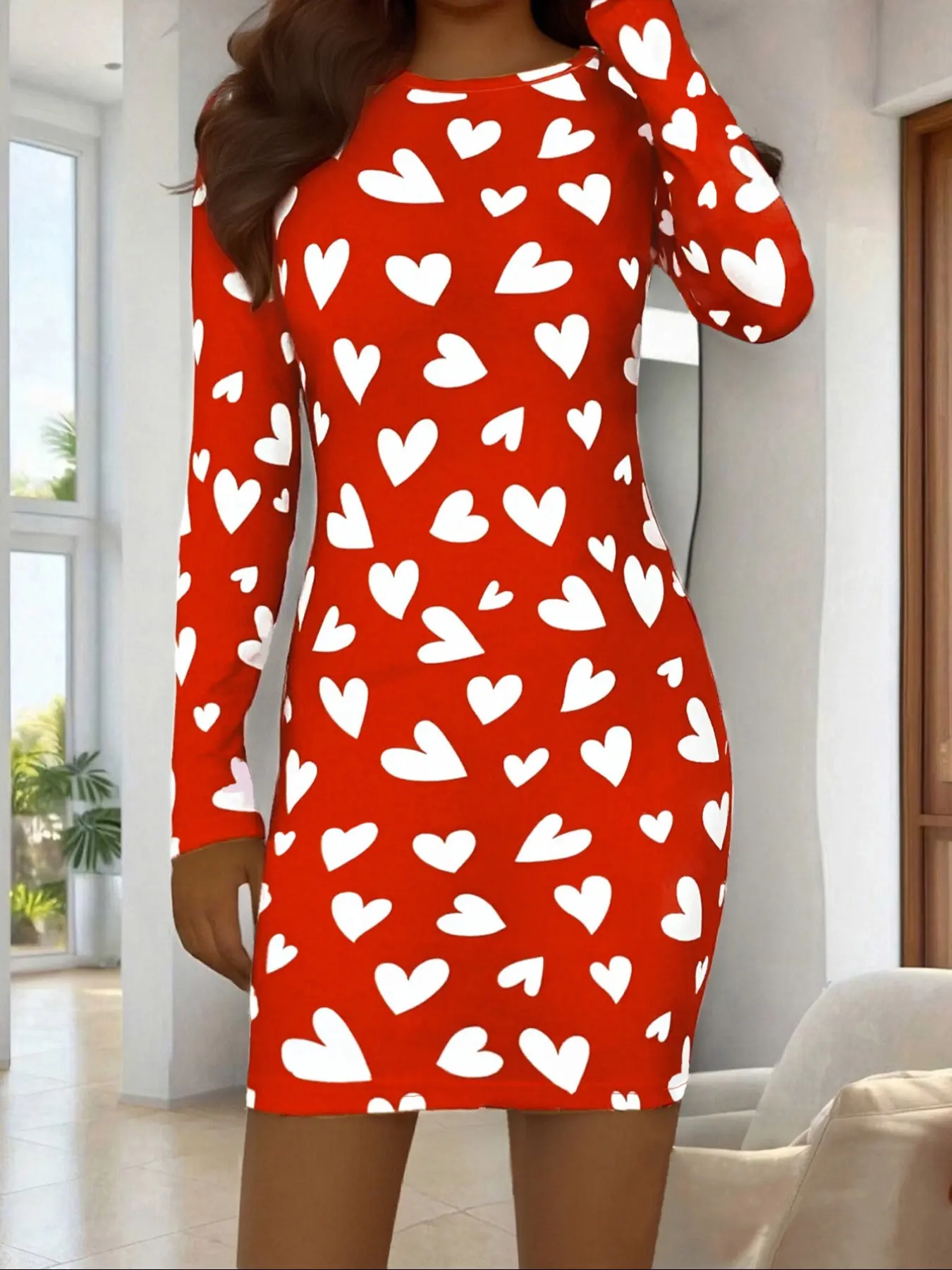 Women's Heart Print Romantic Valentine's Day Long Sleeve Dress, Elastic Polyester Blend Round Neck Mini Tight Fit, Casual Party Wear