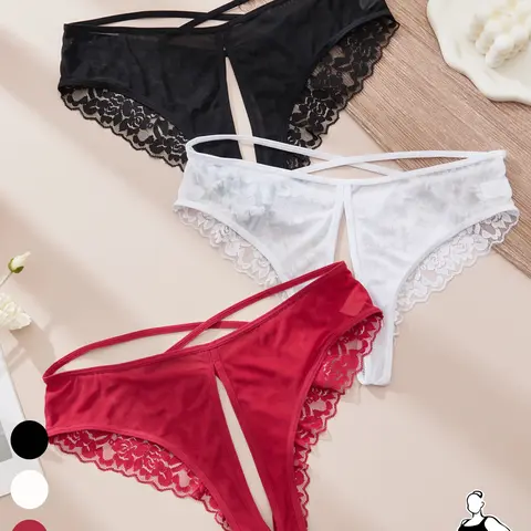 Women's Plus Size Lace Thong Panties, Colors, Back Criss Cross Strap Design, Elegant High Elastic Comfortable Breathable All Season Wear Fit, Soft Breathable Panties, Soft Comfy Knicker