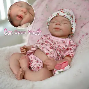 18 Inch Pascale Silicone Reborn Girl Doll With Open Mouth And Closed Eyes Lifelike Artificial Painted Skin Clear Veins Floral Dress Handmade Flexible Reborn Doll for Youngsters
