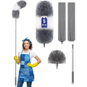 Extra-Long Dusters Kits with Extension Pole, 5 in 1 Cleaning Tools with Extendable Long Handle, Cobweb Duster, Microfiber Dusting Clothes for Gap, High Ceilings and Fans, Blinds, Cars and Furniture