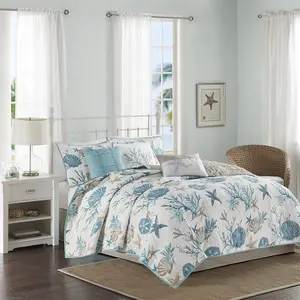 6 Piece Cotton Sateen Quilt Set with Throw Pillows, Pebble Beach