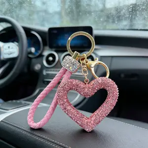 Large Hollow Heart Rhinestone Keychain, Sparkling Leather Lanyard, Car Key Holder, Bag Charm, Multiple Colors Available
