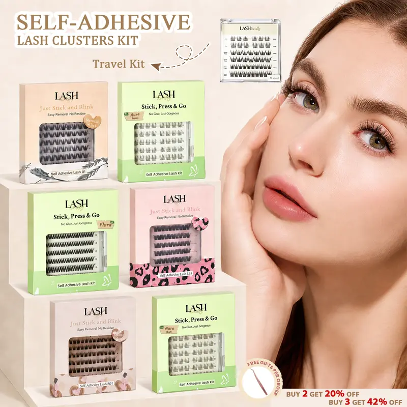 Lashterally Self-Adhesive Lash Cluster Kit - 0.05 mm Dense, 10-14mm, 72/120pcs, No Glue, 24+Hr Hold, Residue-Free Removal, Salon-Quality, Beginner-Friendly, Dramatic Lashes for Bigger Bright Eyes, Makeup Accessories Bundle False Eyelashes & Adhesives