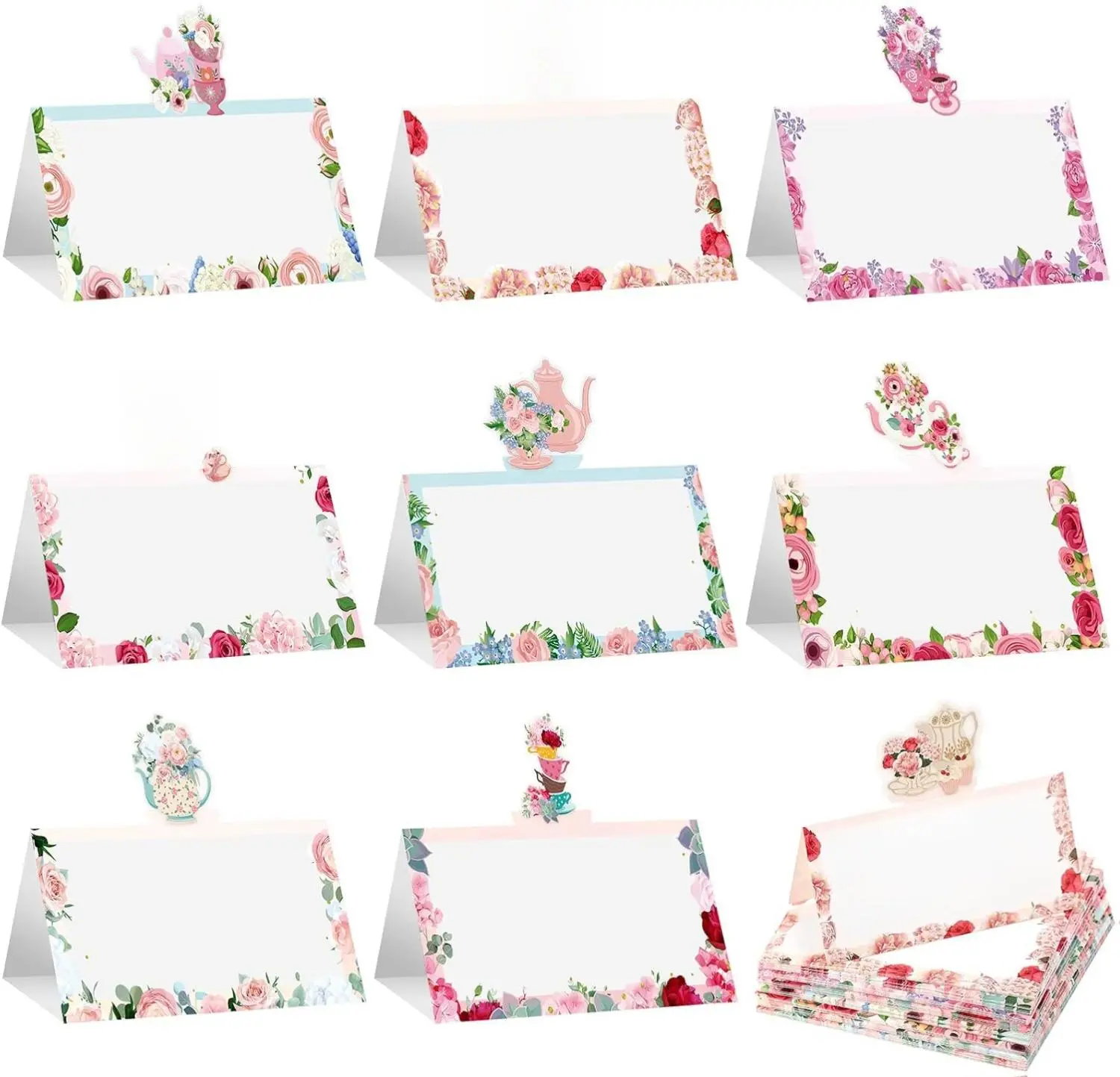 48 Pcs Tea Party Theme Place Card Floral Tea Party Themed Tent Style Cards Teapot Seating Name Tags Flower Place Card Holders Seating Place Cards for Wonderland Tea Party Placement