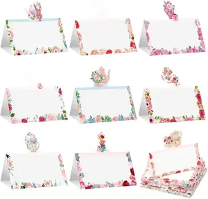 48 Pcs Tea Party Theme Place Card Floral Tea Party Themed Tent Style Cards Teapot Seating Name Tags Flower Place Card Holders Seating Place Cards for Wonderland Tea Party Placement