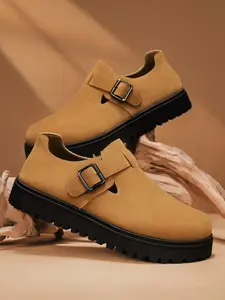 Men's All-Yellow Suede Buckle Casual Shoes, Retro Workwear Style, Suede Material + Metal Buckle + Platform Design, Soft Texture, Easy On/Off , Ideal for Daily Commuting & Light Retro Wear Scenarios, Business Casual Shoes