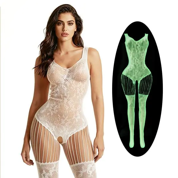 HONEYLUSH Women's Ready-to-Wear Glow in the Dark Lingerie - Seamless Fishnet Bodystocking & Sheer Bodysuit Nightwear, White Womenswear, Teddy, Bridal Basic Minimalist