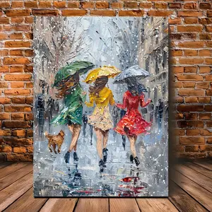 2D Flat, One Piece Wooden Frame Canvas Painting - Three Women Dancing in the Rain with Umbrella Shadows, Impressionist Style Artwork, Vibrant Colors and Dynamic Brushstrokes, 11.8x 15.7inch Living Room Bedroom Office Wall Decoration, Expressive Painting