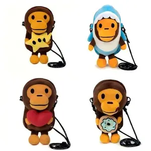 Cartoon Monkey Holding Donut Plush Shoulder Bag Soft Fluffy Mini Crossbody Purse Kids Casual Phone Bag Gift