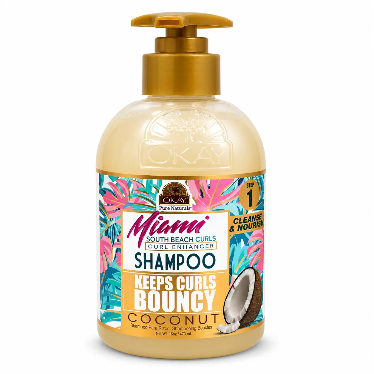 OKAY Miami South Beach Sulfate-Free Liquid Shampoo, Coconut Fragrance Cleanser - 16 oz/473 ml, Gentle Nourishing Oil-Cleansing Formula for Wavy, Natural & Curly Hair, Hydrates, Restores, Defines Curls, Anti-Frizz