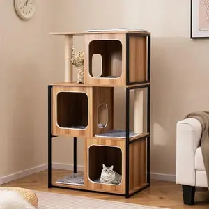 Modern Cat Tree Cat House with Metal Frame and Scratching Posts-Natural