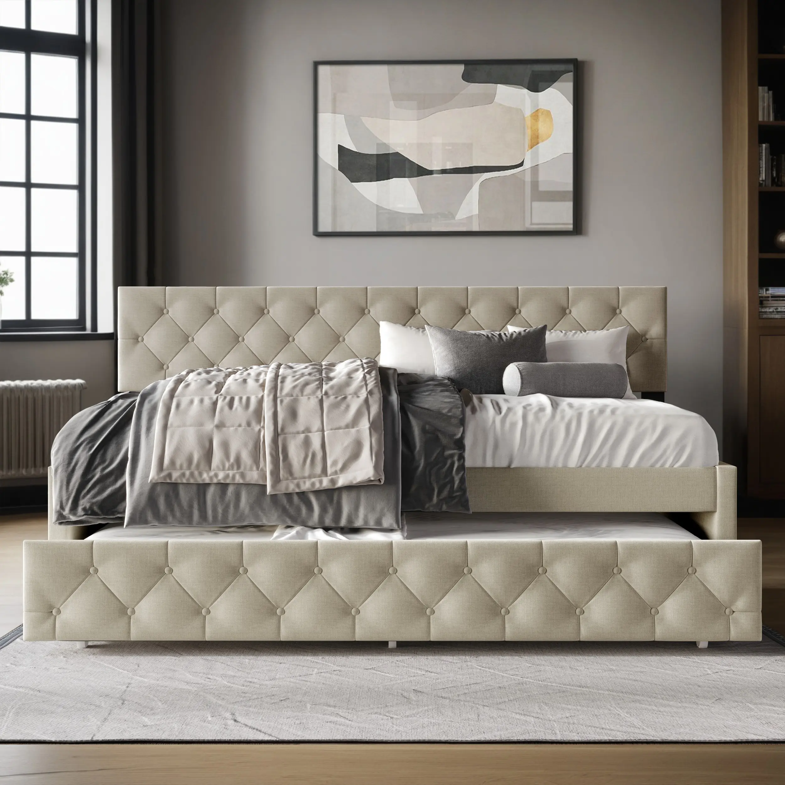 Favorer Tyler Twin Linen Daybed with Trundle - Space-Saving Indoor Bed, 42.3in(L) x 82.7in(W) x 39.6in(H) for Adults, Ideal for Modern Bedrooms, Guest Nooks (Mattress Not Included)