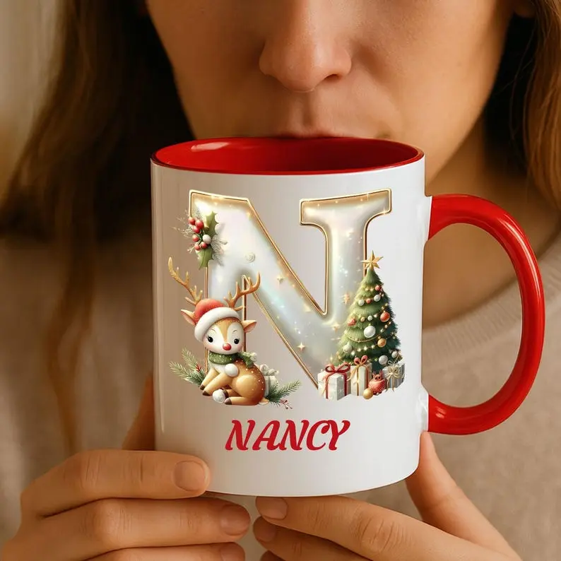 Personalized Initial Christmas 11oz Accent Mug with Custom Name – Unisex Festive Coffee Cup – Xmas Gift