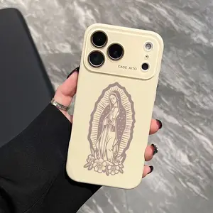 Light Colour Virgin Mary Print Pattern Dopamine Ins Style Solid Color Phone Case with Ultra Skin friendly Touch All Inclusive Lens Phone Case Suitable for Apple 17 16 15 14 13 12
