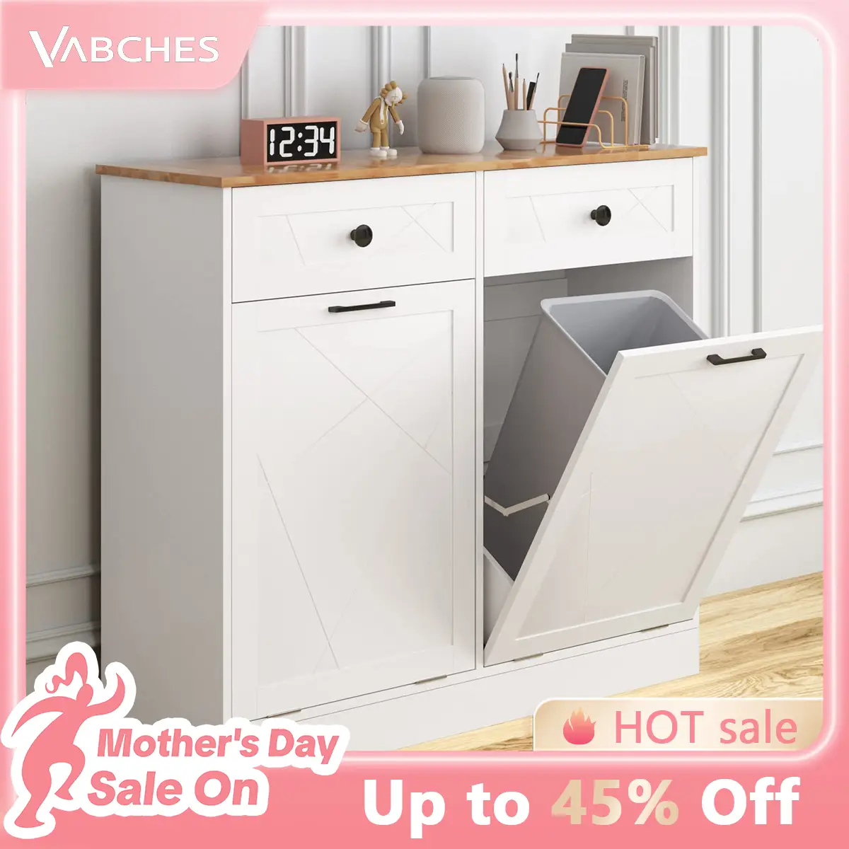 Vabches Trash Cabinet Trash Can, Dog Proof Tilt Out Trash Bin Holder, Free Standing Recycling Cabinet with 2 Drawers for Kitchen Living Room