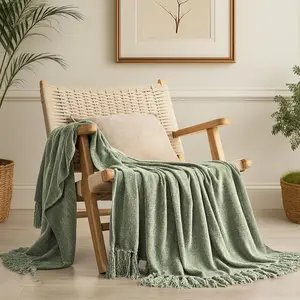Soft Chenille Throw Blanket for Couch, Cozy Plush Fuzzy Decorative Chenille Knit Throw with Tassels, Lightweight Blanket for Bed Sofa, Great Gift for Home Decor, Sage Green 50"x60"