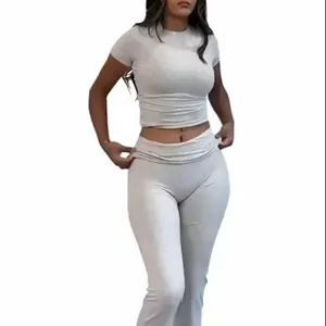 Elegant Women's Two-Piece Set - Flared Leggings & Crop Top - Versatile Casual Semi-Formal Wear - Simple Chic Design - Perfect for Your Wardrobe