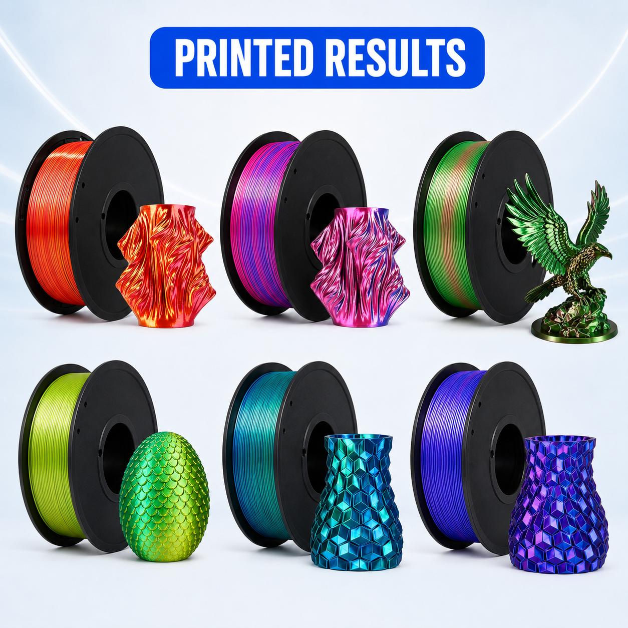 Silk PLA 3D Printing Filament - 1.75mm, 250g, Multiple Iridescent Colors, Gloss Finish, High Detail, Shiny Look, Neat Winding for Custom Home Decor Models, Iridescence
