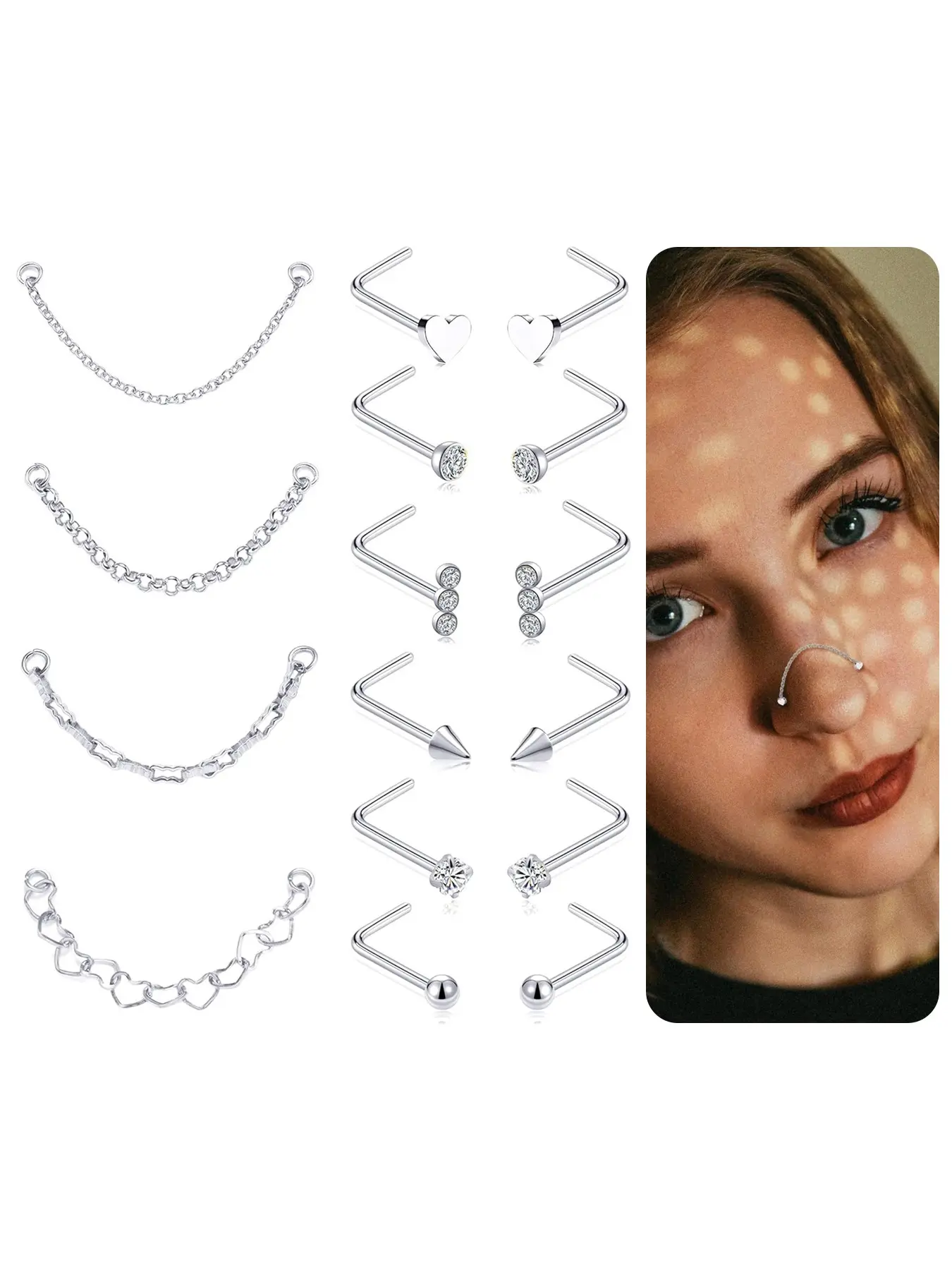 Nose Chain Piercing Across Double Nose Stud Chain CZ Heart Ball L Shaped Nose Chain(4.2CM) Nostril Piercing Jewelry Body Jewelry for Women Men 20G Silver Gold Tone Valentine’s Day gift Body Jewellery