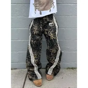 Men's Casual Leopard Print Pants, Side Stripe Loose Fit Sweatpants, Star Pattern Drawstring Wide Leg, All Season Men's Camo Long Pants