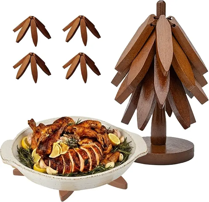 Trivets Wooden Tree-Shaped Collapsible Hot Pad Coasters 4-Piece Set with Storage Stand for Restaurant and Home