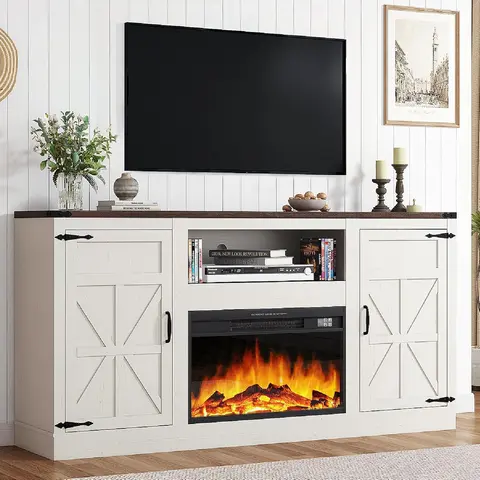 64"/70" Farmhouse Fireplace TV Stand for TVs up to 75" /80" with 26"/36" Electric Fireplace, Entertainment Center with Power Outlet/LED Lights, Media Console w/Sliding Barn Door for Living Room