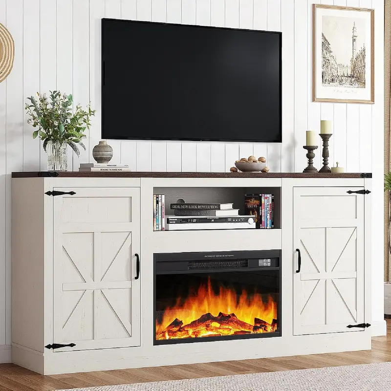 64"/70" Farmhouse Fireplace TV Stand for TVs up to 75" /80" with 26"/36" Electric Fireplace, Entertainment Center with Power Outlet/LED Lights, Media Console w/Sliding Barn Door for Living Room