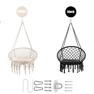 Hammock Chair Macrame Swing, Cotton Rope Handwoven Hanging Chair 330 Pounds Capacity, Macrame Tassels Hammock Swing for C-Hammock Stand, Living Room, Yard, Garden, Balcony (White)