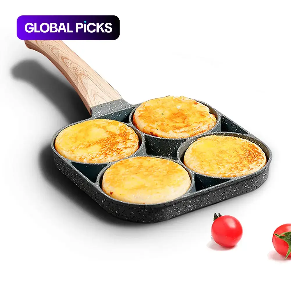 4-Hole Nonstick Frying Pan, Household Egg Skillet with Wooden Handle, Easy-to-Clean Small Cooking Pans for Home Kitchen, Ideal Birthday Gift, Nonstick Cooking Tools #GLOBAL PICKS