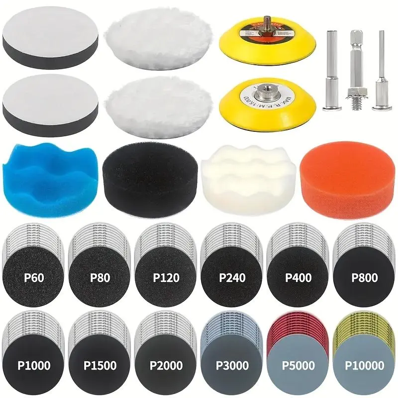 Polishing and drilling kit, dry and wet headlight repair kit, with water sandpaper, latex paper, magic tape, sandpaper polishing pad, equipped with rotating tool, Automotive Car Polisher Tool