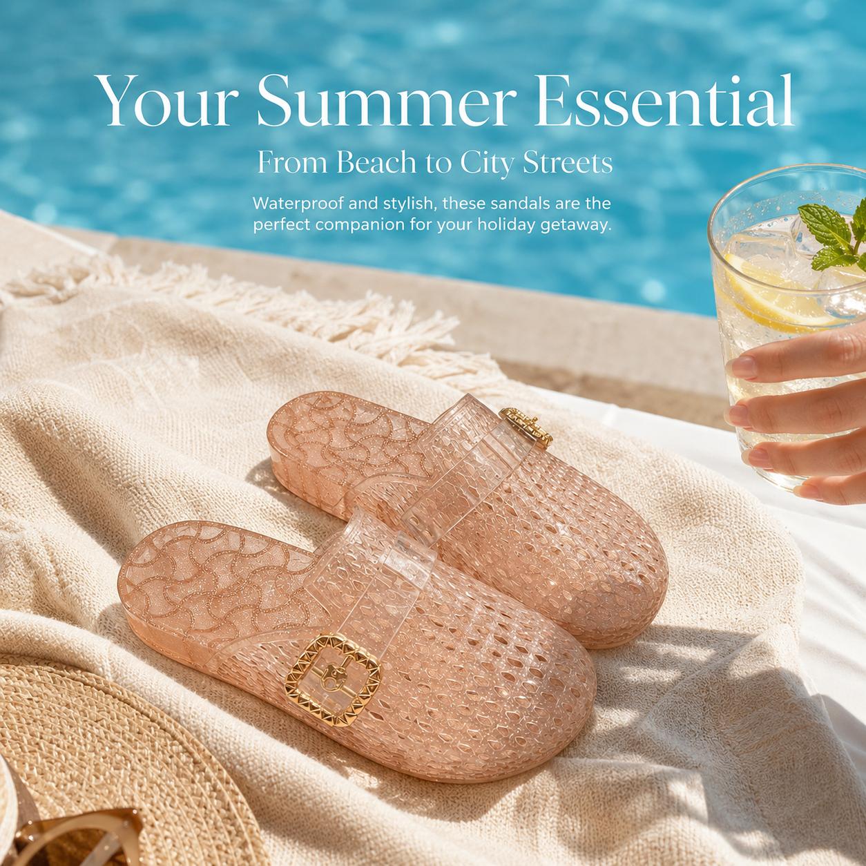 Yodutry | Women Hollow Out Glitter Jelly Slide Sandals, Adjustable Gold Buckle Waterproof PVC Mules, Breathable Mesh Non Slip Flat Jelly Slippers, Summer Beach Pool Casual Walking Slip On Sandals, 4 Colors Pink Grey Clear Gold
