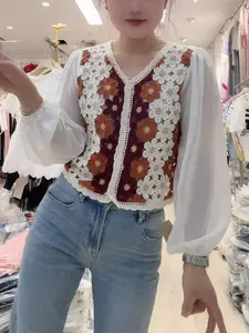 Lace Cutout Crochet Embroidery Long Sleeve Shirt for Women, Spring New Design Unique Short Open Front Top, Bohemian Style Blouse
