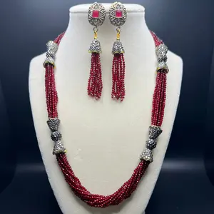 Bohemian Chic Maroon Crystal Necklace Set, Tassel Drop Earrings, Artisan Jewelry
